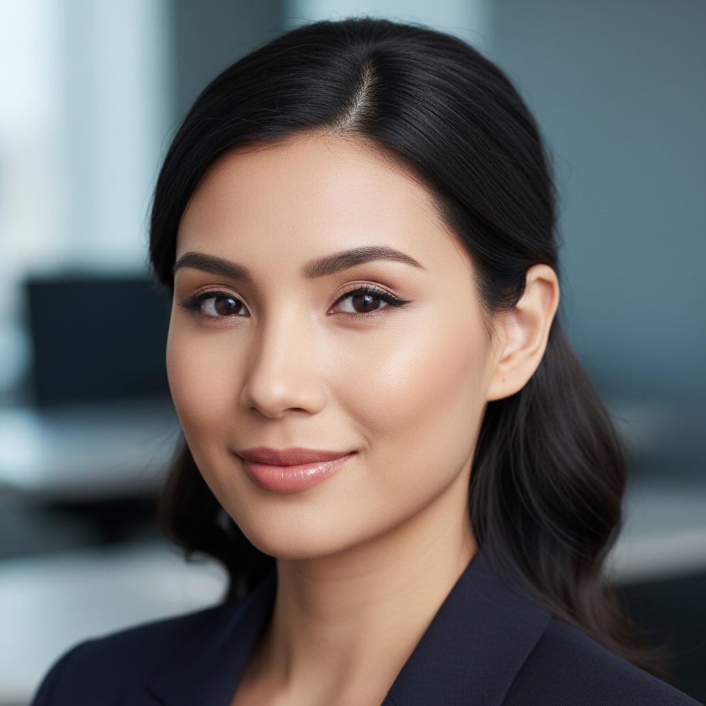 Headshot of a professional Asian woman with dark hair and a gentle smile, wearing a dark blazer in an office setting.