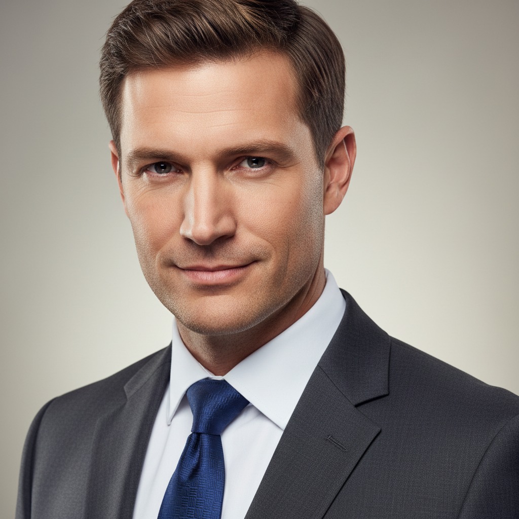 A headshot of a middle-aged businessman with short brown hair, wearing a dark suit, white collared shirt, and a blue patterned tie, smiling slightly against a neutral gray background.